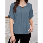 Solid Color Simple Daily Round Neck Short Sleeve Blouse For Women