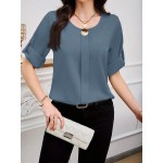 Solid Color Simple Daily Round Neck Short Sleeve Blouse For Women