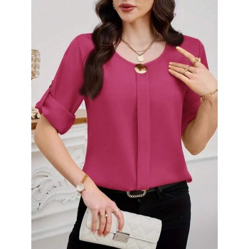 Women s Casual Rolled Sleeve Loose Elegant Blouse For Work Summer