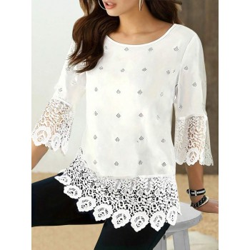 Ladies Patchwork Lace Round Neck Blouse