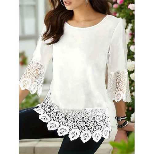 Women s Spring Summer Round Neck 3 4 Sleeve Contrast Lace Loose Elegant Blouse