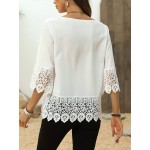 Women s Spring Summer Round Neck 3 4 Sleeve Contrast Lace Loose Elegant Blouse