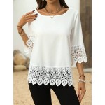 Women s Spring Summer Round Neck 3 4 Sleeve Contrast Lace Loose Elegant Blouse