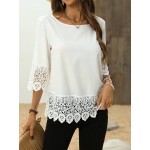 Women s Spring Summer Round Neck 3 4 Sleeve Contrast Lace Loose Elegant Blouse