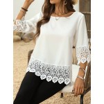 Women s Spring Summer Round Neck 3 4 Sleeve Contrast Lace Loose Elegant Blouse