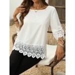 Women s Spring Summer Round Neck 3 4 Sleeve Contrast Lace Loose Elegant Blouse