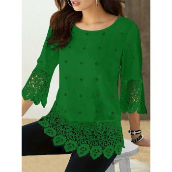 Women s Solid Color Lace Patchwork Round Neck Blouse