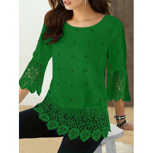 Women s Solid Color Lace Patchwork Round Neck Blouse