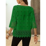 Women s Solid Color Lace Patchwork Round Neck Blouse