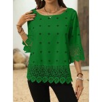 Women s Solid Color Lace Patchwork Round Neck Blouse