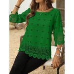 Women s Solid Color Lace Patchwork Round Neck Blouse