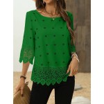 Women s Solid Color Lace Patchwork Round Neck Blouse