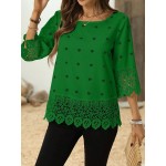 Women s Solid Color Lace Patchwork Round Neck Blouse