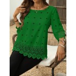 Women s Solid Color Lace Patchwork Round Neck Blouse