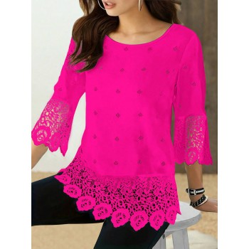 Round Neck Solid Color Lace Patchwork Elegant Summer Blouse