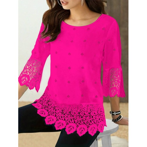 Round Neck Solid Color Lace Patchwork Elegant Summer Blouse