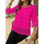 Round Neck Solid Color Lace Patchwork Elegant Summer Blouse