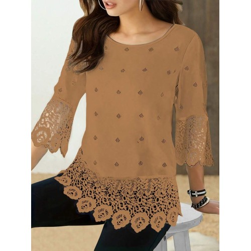 Vacation Leisure Geometric Printed Lace Spliced Shirt