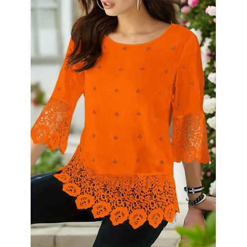 Women Lace Splicing 3 4 Sleeve Summer Blouse