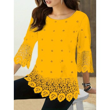 Solid Color Hollow Floral Lace Patchwork Round Neck Mid Length Sleeve Top Casual Holiday