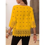 Solid Color Hollow Floral Lace Patchwork Round Neck Mid Length Sleeve Top Casual Holiday