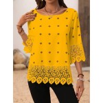 Solid Color Hollow Floral Lace Patchwork Round Neck Mid Length Sleeve Top Casual Holiday