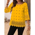 Solid Color Hollow Floral Lace Patchwork Round Neck Mid Length Sleeve Top Casual Holiday