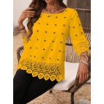 Solid Color Hollow Floral Lace Patchwork Round Neck Mid Length Sleeve Top Casual Holiday