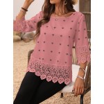 Floral Embroidery Contrast Guipure Lace Flounce Sleeve Blouse