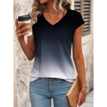 Gradient V Neck Short Sleeve T Shirt For Summer