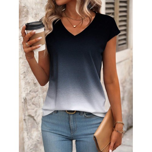 Gradient V Neck Short Sleeve T Shirt For Summer