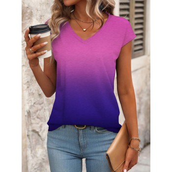 Women s Summer Ombre V Neck Short Sleeve Casual T Shirt