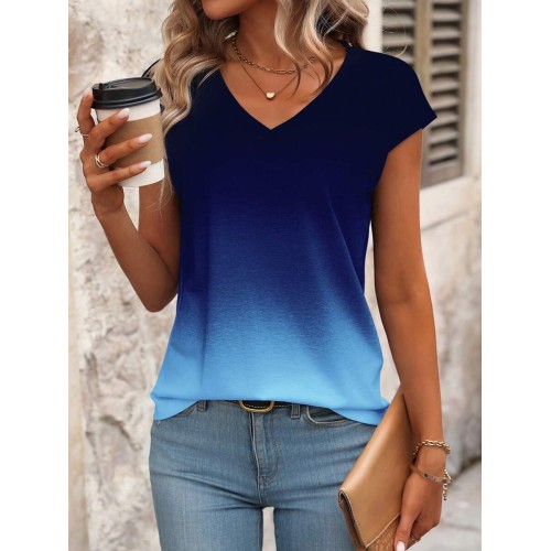 Women s Summer Ombre V Neck Short Sleeve Casual T Shirt