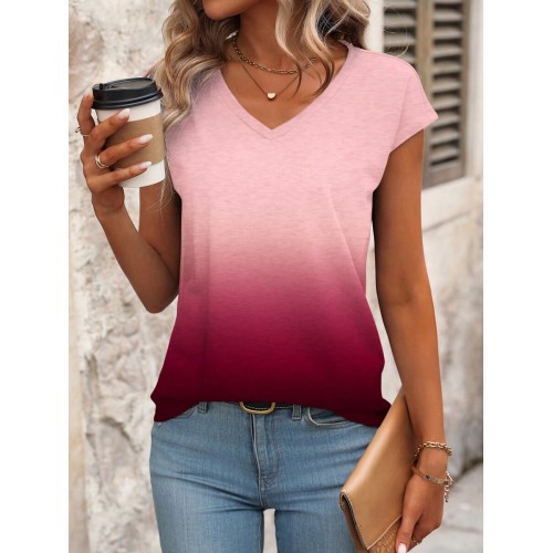 Women s Gradient Color Printed V Neck Short Sleeve Casual T Shirt Summer