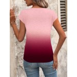 Women s Gradient Color Printed V Neck Short Sleeve Casual T Shirt Summer