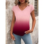 Women s Gradient Color Printed V Neck Short Sleeve Casual T Shirt Summer