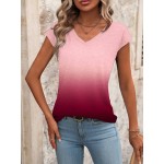 Women s Gradient Color Printed V Neck Short Sleeve Casual T Shirt Summer