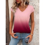 Women s Gradient Color Printed V Neck Short Sleeve Casual T Shirt Summer