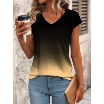 Women s Summer Ombre Printed V Neck Short Sleeve Casual T Shirt