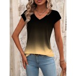 Women s Summer Ombre Printed V Neck Short Sleeve Casual T Shirt