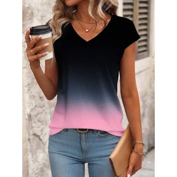 V Neck Gradient Color Short Sleeve Casual Top