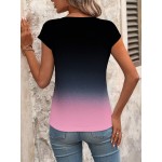 V Neck Gradient Color Short Sleeve Casual Top