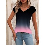 V Neck Gradient Color Short Sleeve Casual Top