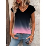 V Neck Gradient Color Short Sleeve Casual Top