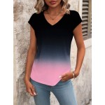 V Neck Gradient Color Short Sleeve Casual Top