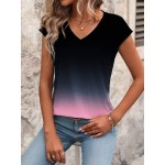 V Neck Gradient Color Short Sleeve Casual Top