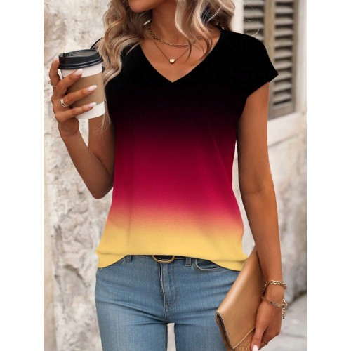 Women s Ombre V Neck Short Sleeve Casual T Shirt Summer