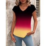 Women s Ombre V Neck Short Sleeve Casual T Shirt Summer