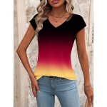 Women s Ombre V Neck Short Sleeve Casual T Shirt Summer