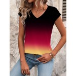 Women s Ombre V Neck Short Sleeve Casual T Shirt Summer